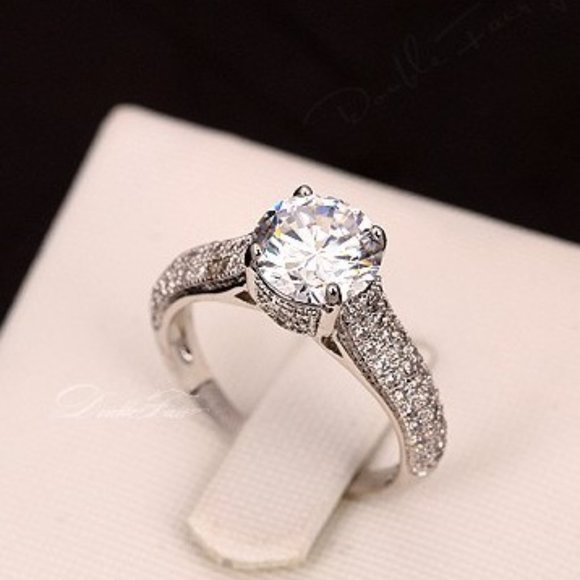 Xena Engagement Ring - 18K Platinum Plated Copper - Pave CZ- Crown Setting. - Picture 14 of 16